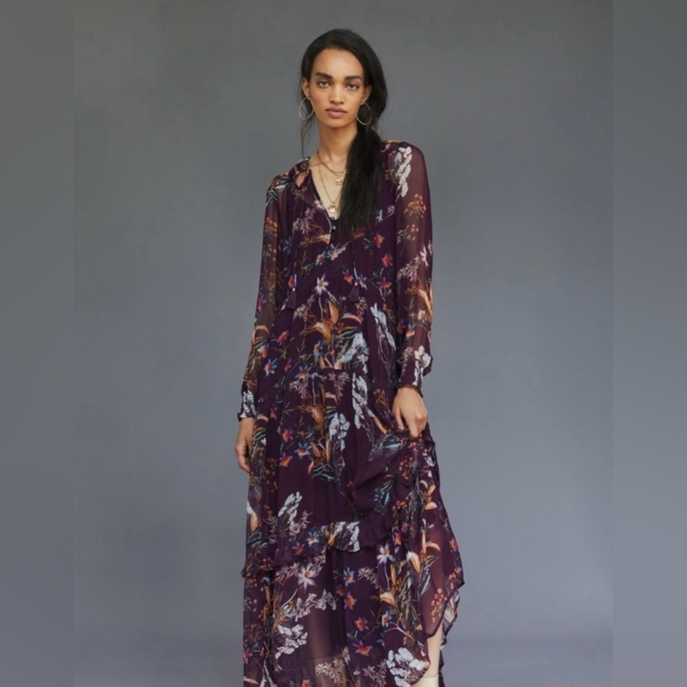 Anthropologie tiered maxi dress in purple motif
